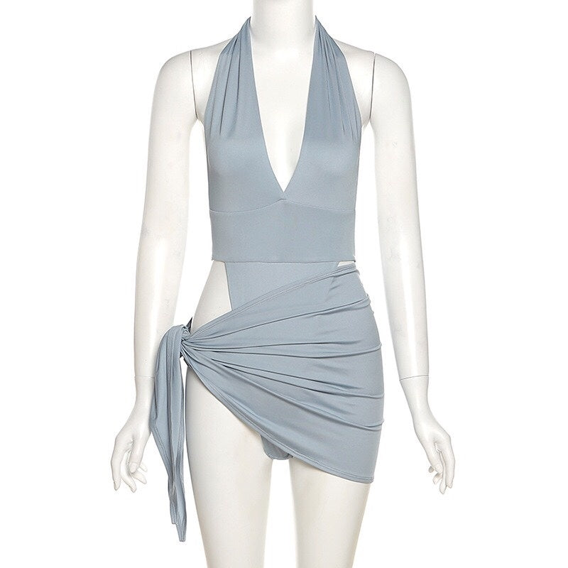 Gris-bleu Deux-pièce Maillot de Bain Avec Bouton Pression À Porter À L'extérieur Maillot de Bain